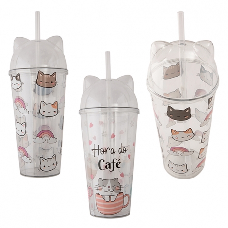 COPO COM TAMPA E CANUDO DE PLASTICO ANIMAIS 680ML