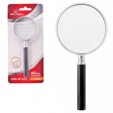 LUPA DE MAO COM LENTE DE VIDRO E ARO DE METAL 60MM AUMENTA AMPLIA 3X WIN PAPER