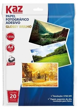 PAPEL FOTOGRÁFICO GLOSSY ADESIVO A4 135G C/ 20 FOLHAS