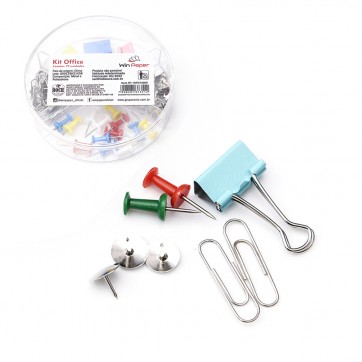 KIT ESCRITORIO COM CLIPS + BINDERS + TACHINHA PERCEVEJO E ALFINETE TACHINHA PARA MAPA E CORTICA WIN PAPER 79 PECAS